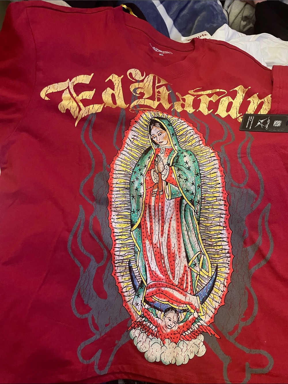 Ed Hardy Red Graphic Tee with Gold Logo and Multicolor Virgen Art